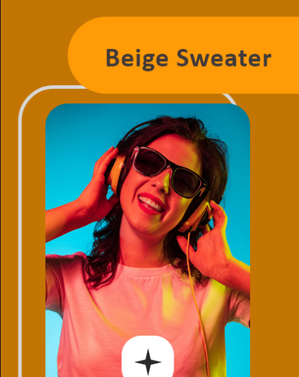 Screenshot of an app design for assistance selecting outfit. There is a label that says "Beige Sweater" above an image of a woman wearing the sweater, and a plus sign at the bottom.