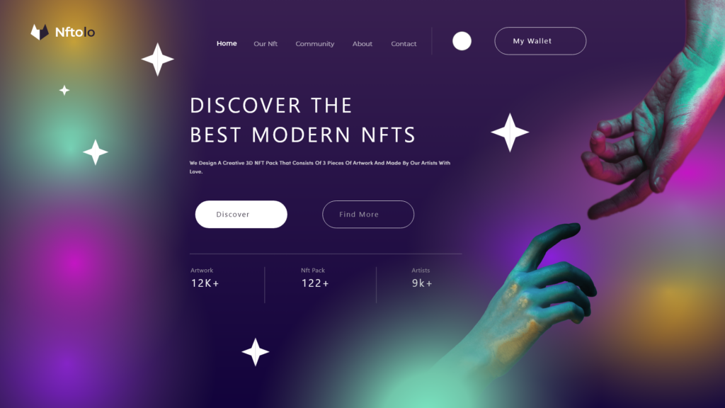 NFTolo website with art of two hands reaching towards another. Text says "Discover the Best Modern NFTs" and stats about the company's success.