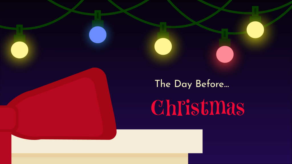 The Day Before Christmas cover art which is a closeup of a present under a Christmas tree.