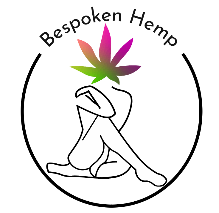 Bespoken Hemp Logo - a woman sitting in a circle with a purple and green hemp flower as her head.