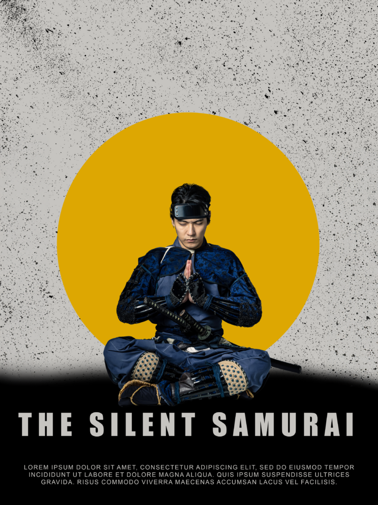 The silent samurai movie poster. A samurai in warrior costume sits in front of a big yellow circle, with a speckled tan/black background